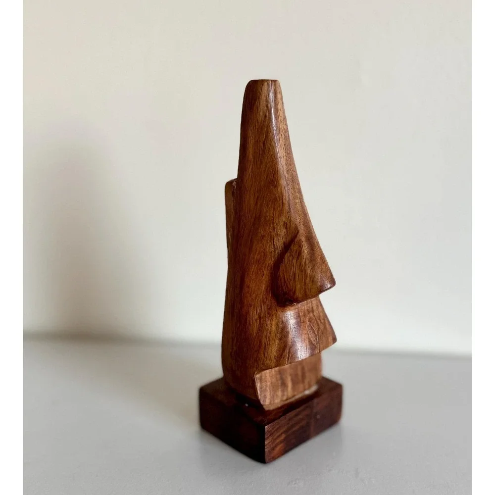 Hand Carved Wood Moai Eyeglass Holder | Easter Island Statue MCM Desk Art